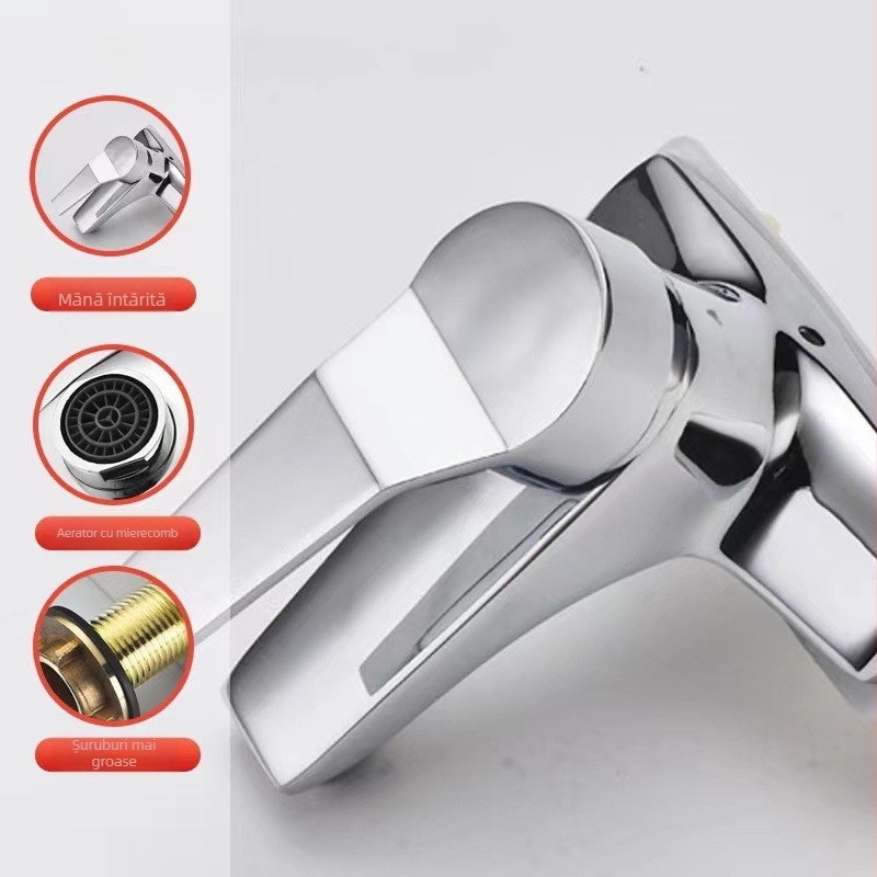 Robinet chiuvetă de baie cu două găuri, apă caldă și rece, robinet mixer cu dublă funcție, anti-strop, stil modern minimalist, model 062