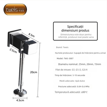 Valvă de spălare pentru urinal din cupru TWS-3007 – mecanic, ieșire G1/2, timp de spălare 10–15 s