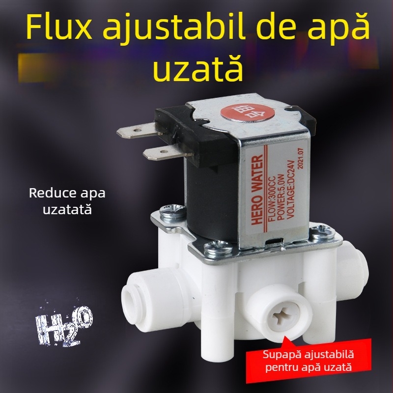 Ventil pentru sistem RO de purificare a apei, corp din cupru, materiale ignifuge și de calitate alimentară, cu întrerupător de spălare