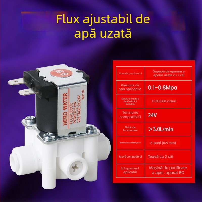 Ventil pentru sistem RO de purificare a apei, corp din cupru, materiale ignifuge și de calitate alimentară, cu întrerupător de spălare