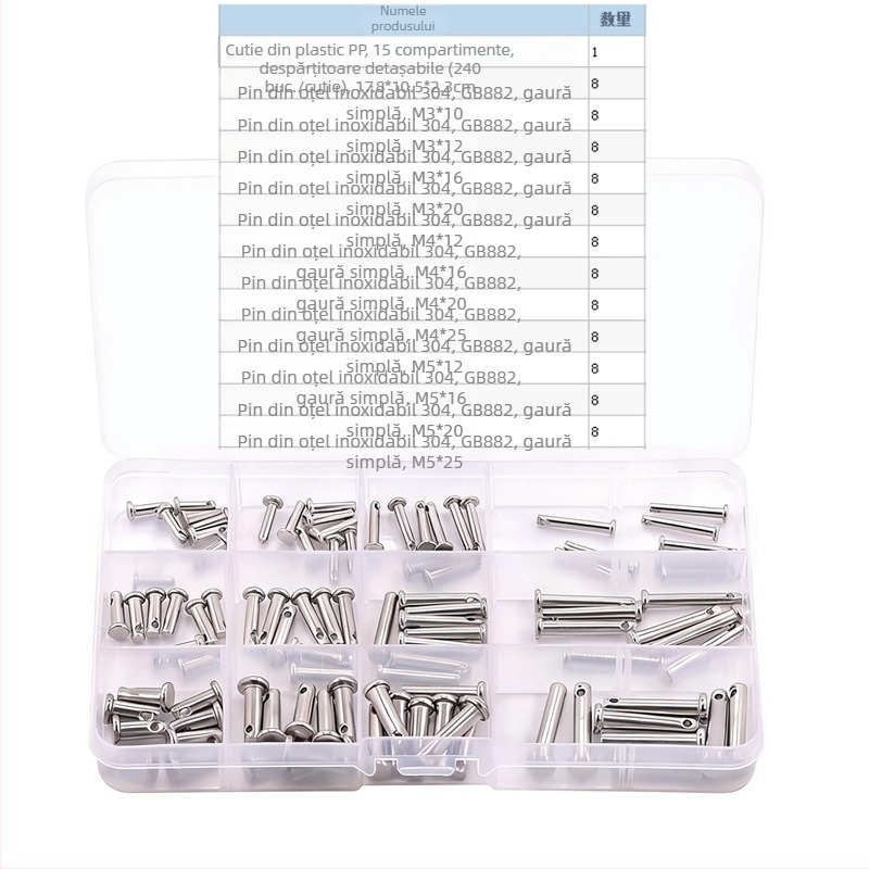 Știfturi de poziționare din oțel inoxidabil 304, cilindrice, cu cap plat cu orificiu, 96 bucăți în cutie