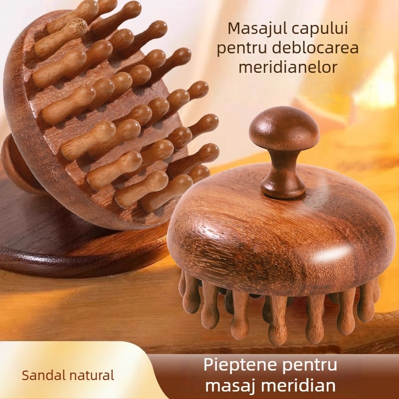 Pieptan masaj din lemn cu disc pentru scalp și foliculii părului, îngrijire păr