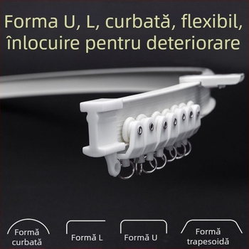 Șină pentru perdele cu șină curvată pentru fereastra de colț și balcon, șină flexibilă, montaj prin perforare, model 005, material: oțel, finisaj: oțel plastic, stil modern și simplu