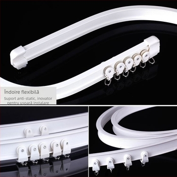 Șină pentru perdele cu șină curvată pentru fereastra de colț și balcon, șină flexibilă, montaj prin perforare, model 005, material: oțel, finisaj: oțel plastic, stil modern și simplu