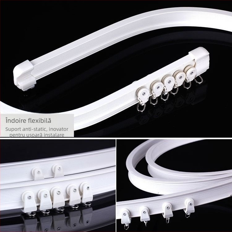 Șină pentru perdele cu șină curvată pentru fereastra de colț și balcon, șină flexibilă, montaj prin perforare, model 005, material: oțel, finisaj: oțel plastic, stil modern și simplu
