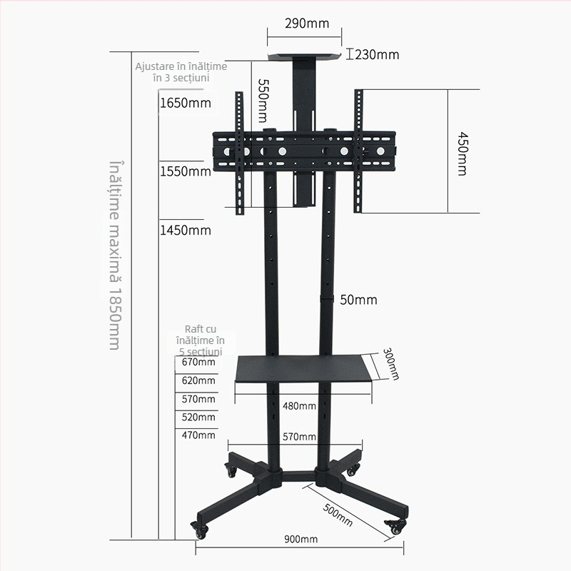 Suport mobil pentru televizor LCD pe podea, cu braț din fier, reglabil, control mecanic, model 1500, capacitate de încărcare peste 15 kg