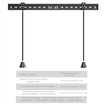 Suport de perete pentru TV JL-WH02A — universal, montaj de perete simplu pentru televizoare cu ecran plat; Material: oțel laminat la rece; Greutate: 1,3 kg.
