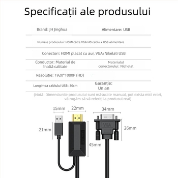 Cablu HDMI către VGA Z128C, nucleu din cupru, cip avansat, lungime 1–10 m
