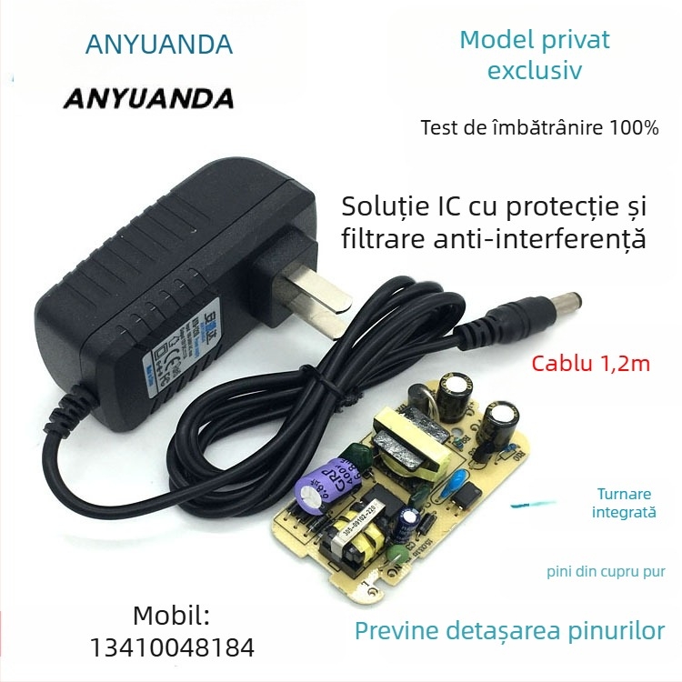 12V 1A sursă de alimentare PWM switch pentru set-top box, router și bandă LED — intrare 110-240V AC, ieșire 12V, 12W, zgomot de ripple <100 mV, eficiență 88%