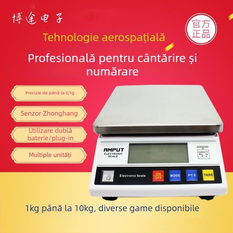 Cântar electronic de înaltă precizie pentru uz comercial, capacitate 3–10 kg, rezoluție 0,3 g, unități: g, kg, lb