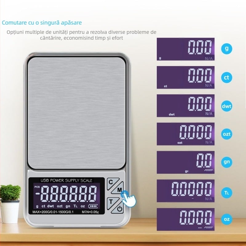 Cântar electronic alimentat prin USB, înaltă precizie, capacitate 1000 g, diviziune 0,01 g, cântar pentru pulberi din plante medicinale, multifuncțional