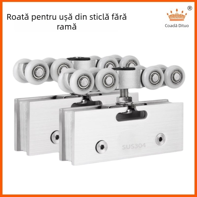 Roata ghidare pentru ușă glisantă din sticlă fără ramă – corpul rolei din nylon/POM, potrivit pentru sticlă 8–12 mm, încărcare 30–80 kg, cod produs Td-t-004, brand Crown of creation