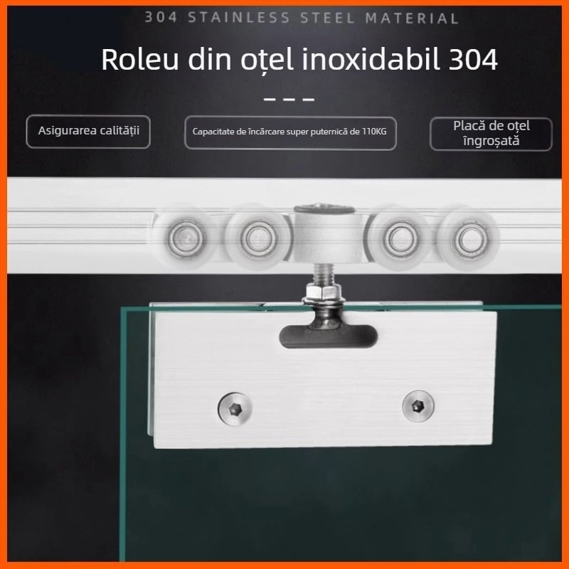 Roata ghidare pentru ușă glisantă din sticlă fără ramă – corpul rolei din nylon/POM, potrivit pentru sticlă 8–12 mm, încărcare 30–80 kg, cod produs Td-t-004, brand Crown of creation