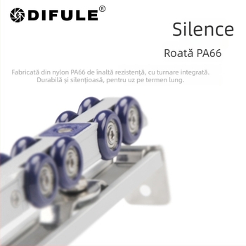 Rola pentru ușă glisantă cu amortizor hidraulic bidirecțional (material: aliaj de zinc + nylon; grosimea peretelui: 2 mm; diametrul axului: 10 mm; raza canelurii pentru cablu: 14 mm; sarcină maximă: 60 kg)