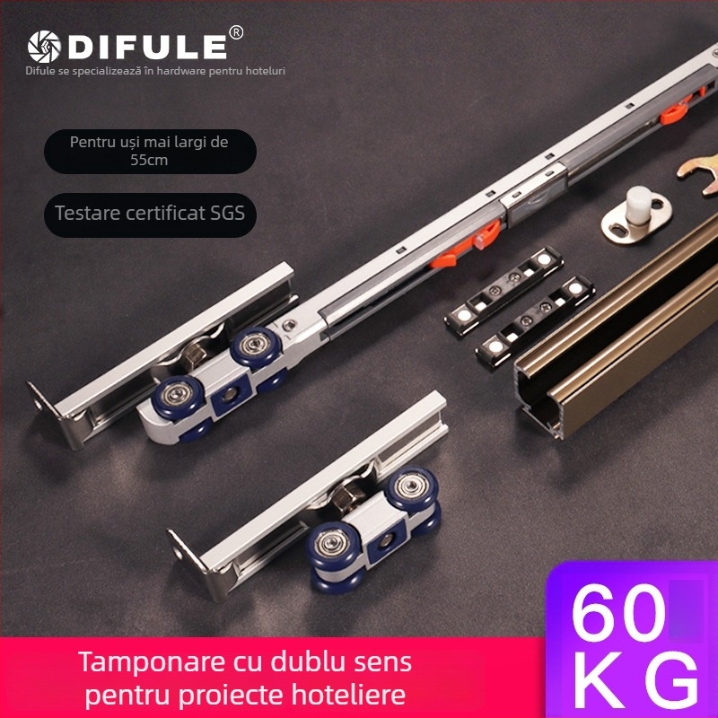 Rola pentru ușă glisantă cu amortizor hidraulic bidirecțional (material: aliaj de zinc + nylon; grosimea peretelui: 2 mm; diametrul axului: 10 mm; raza canelurii pentru cablu: 14 mm; sarcină maximă: 60 kg)