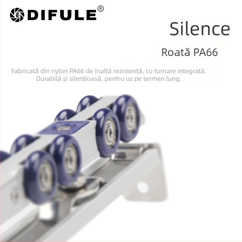 Rola pentru ușă glisantă cu amortizor hidraulic bidirecțional (material: aliaj de zinc + nylon; grosimea peretelui: 2 mm; diametrul axului: 10 mm; raza canelurii pentru cablu: 14 mm; sarcină maximă: 60 kg)