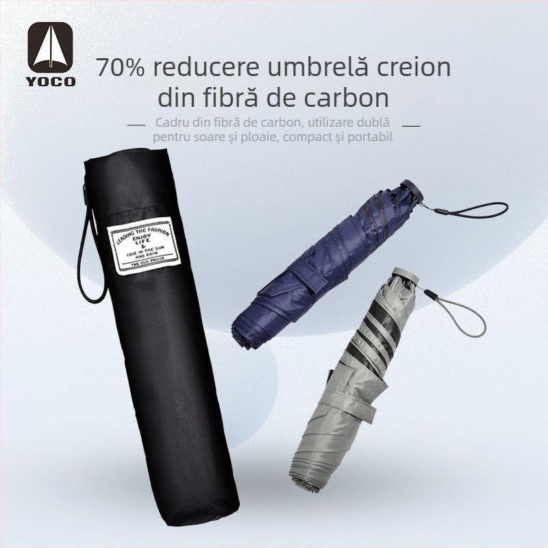 Umbrelă mini pentru exterior din fibră de carbon, trei segmente, pliabilă, protecție UV, husă din vinil