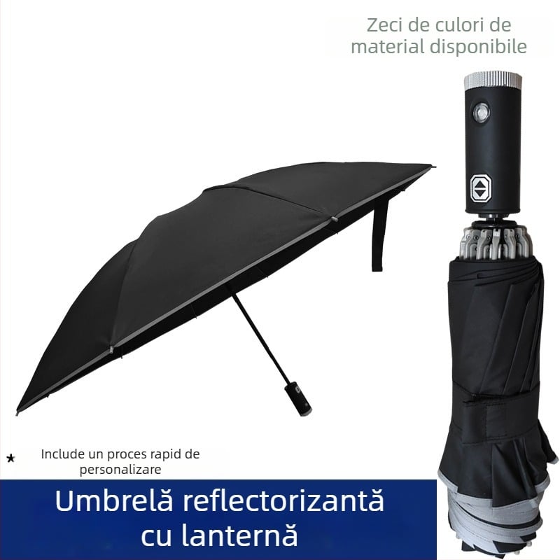 Umbrelă nocturnă cu lanternă încorporată, deschidere automată, pliere inversă, 23 inch, 10 arce, design pliabil în trei părți