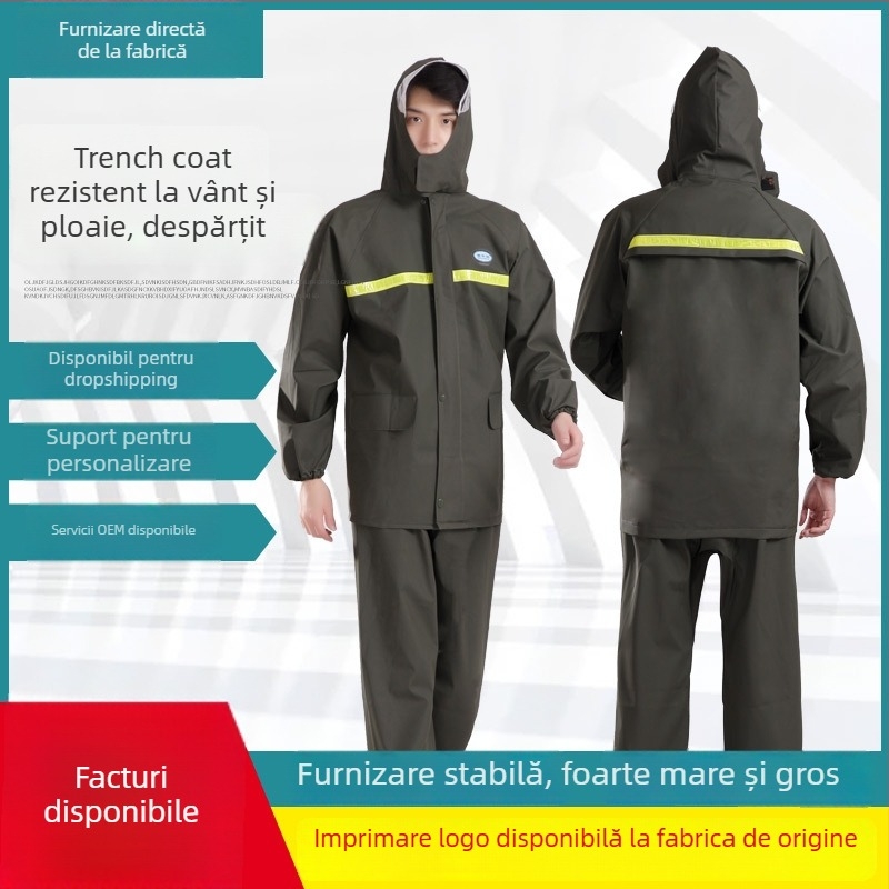 Set de ploaie pentru adulți cu pantaloni, material tricotat gros, strat PVC impermeabil, detalii reflectorizante
