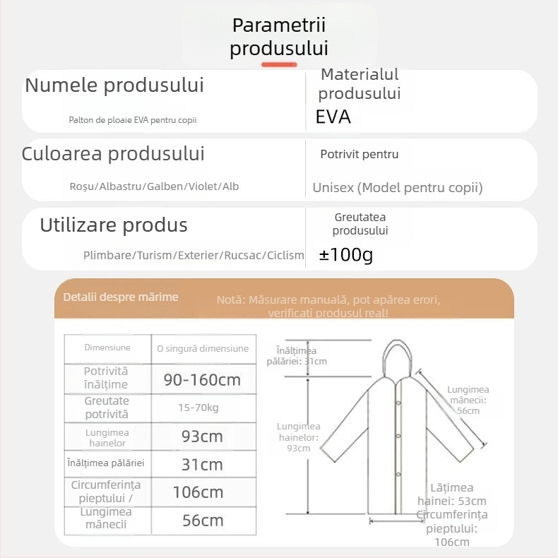 Poncho pentru copii din EVA, reutilizabil, pelerină de ploaie cu acoperire totală, țesătură EVA 0,1–0,5 mm, strat impermeabil PE, ambalaj într-o pungă, logo imprimat