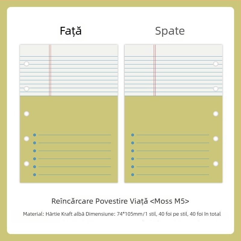 Mr.paper M5 pagini interioare pentru caiet – hârtie din masă de lemn – 10 pagini – compatibile cu găuri M5