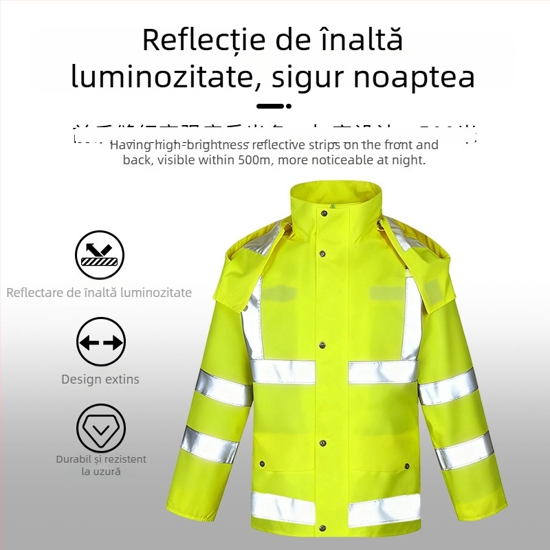 Set geacă de ploaie și pantaloni pentru bărbați, din țesătură Oxford 300D, PU reflexiv, strat impermeabil cu adeziv PU, Cod produs 8202