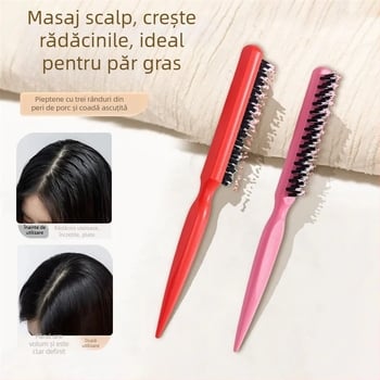 Pieptene pentru păr cu trei rânduri de peri de porc, pentru stilizare și coafuri de seară
