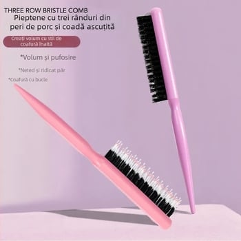Pieptene pentru păr cu trei rânduri de peri de porc, pentru stilizare și coafuri de seară
