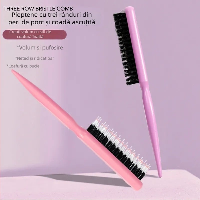 Pieptene pentru păr cu trei rânduri de peri de porc, pentru stilizare și coafuri de seară