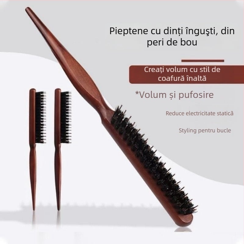 Pieptene pentru păr cu trei rânduri de peri de porc, pentru stilizare și coafuri de seară