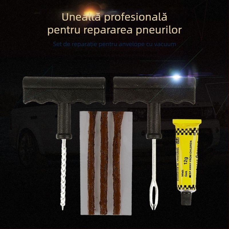 Kit de scule pentru repararea anvelopelor auto – Reparație de pană în situații de urgență cu adeziv și benzi – Material: metal/plastic – Brand: Cool Car Star – Mărci private autorizate: Da
