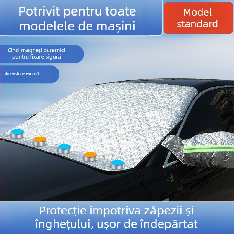 Acoperire pentru capota mașinii pentru zăpadă, cu fixare magnetică, lungime extinsă, folie de aluminiu, potrivire universală, montaj telescopic