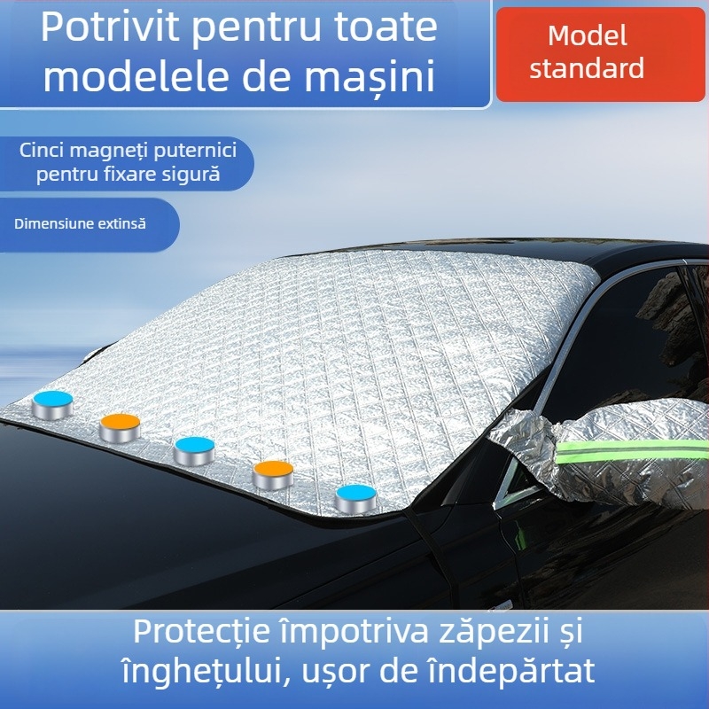 Acoperire pentru capota mașinii pentru zăpadă, cu fixare magnetică, lungime extinsă, folie de aluminiu, potrivire universală, montaj telescopic