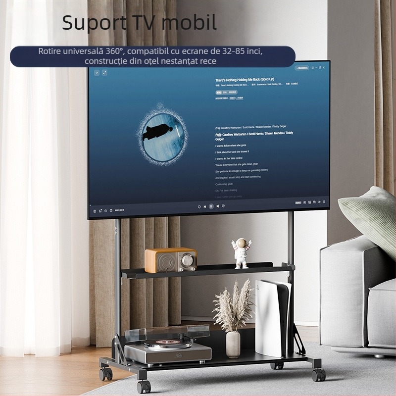 Suport TV pe podea, mobil, cu braț telescopic reglabil pentru monitor – din oțel laminat la rece, capacitate peste 15 kg, control mecanic