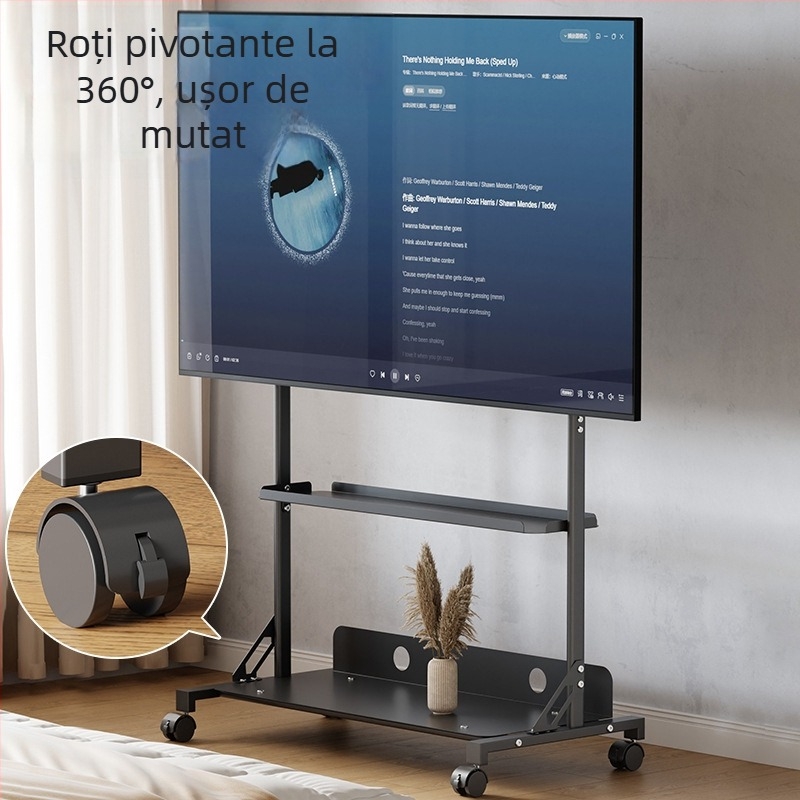 Suport TV pe podea, mobil, cu braț telescopic reglabil pentru monitor – din oțel laminat la rece, capacitate peste 15 kg, control mecanic
