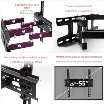 NS-PT002 Suport TV de perete cu braț, oțel laminat la rece, compatibil cu televizoare cu ecran plat, greutate 3,1 kg
