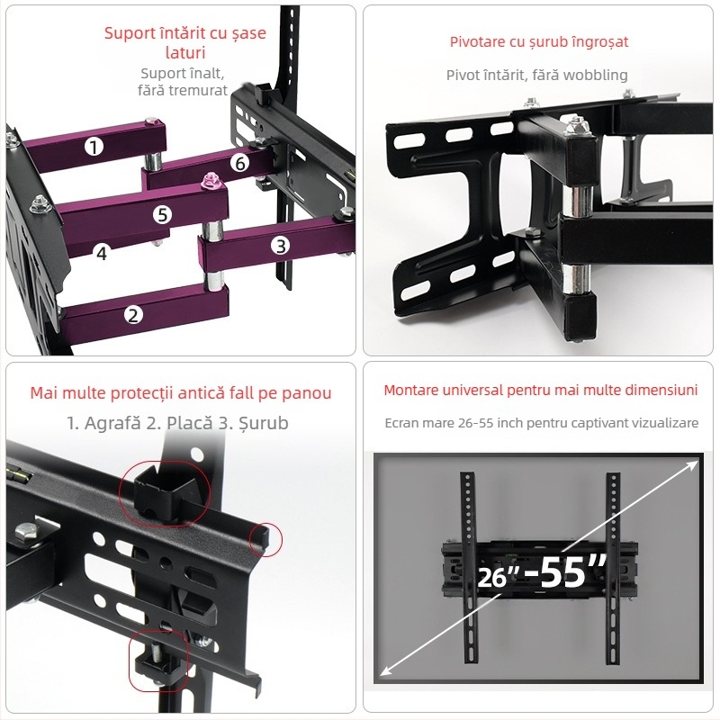 NS-PT002 Suport TV de perete cu braț, oțel laminat la rece, compatibil cu televizoare cu ecran plat, greutate 3,1 kg