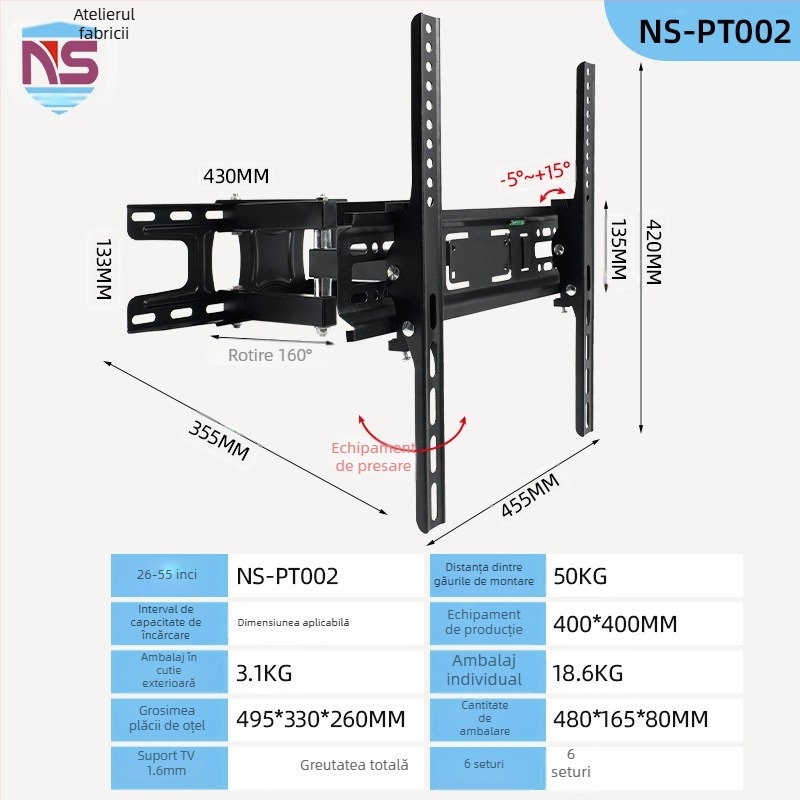 NS-PT002 Suport TV de perete cu braț, oțel laminat la rece, compatibil cu televizoare cu ecran plat, greutate 3,1 kg