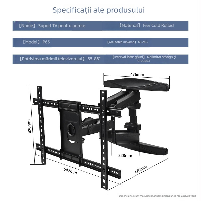 Suport universal de perete pentru televizor, rotativ și telescopic, extensibil, din oțel laminat la rece