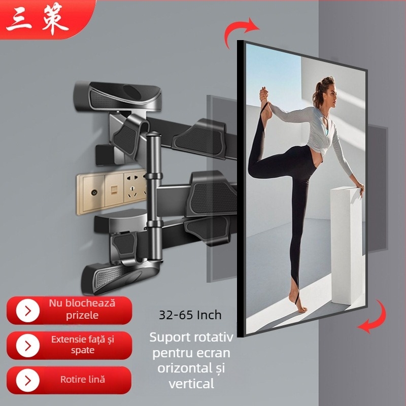 Suport de perete rotativ cu șase brațe pentru televizoare, cu comutare la 90° între orizontal și vertical; din oțel laminat la rece + ABS.