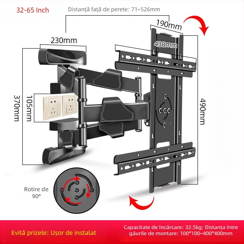 Suport de perete rotativ cu șase brațe pentru televizoare, cu comutare la 90° între orizontal și vertical; din oțel laminat la rece + ABS.