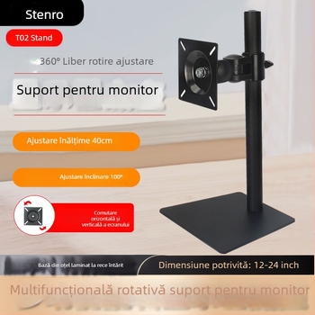 Suport monitor T02 – universal pentru desktop, bază rotativă 360°, suport ecran în poziții orizontale/ verticale, material: oțel laminat la rece