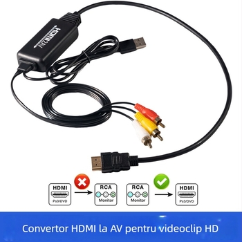 Convertor HDMI către AV, Rezoluție 1920x1080, Ieșire RCA cu trei culori, Cablu de 2 m pentru conectare la televizor