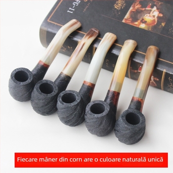 Pipă din lemn și corn, design drept; fără prelucrare; fără personalizare; neimportată