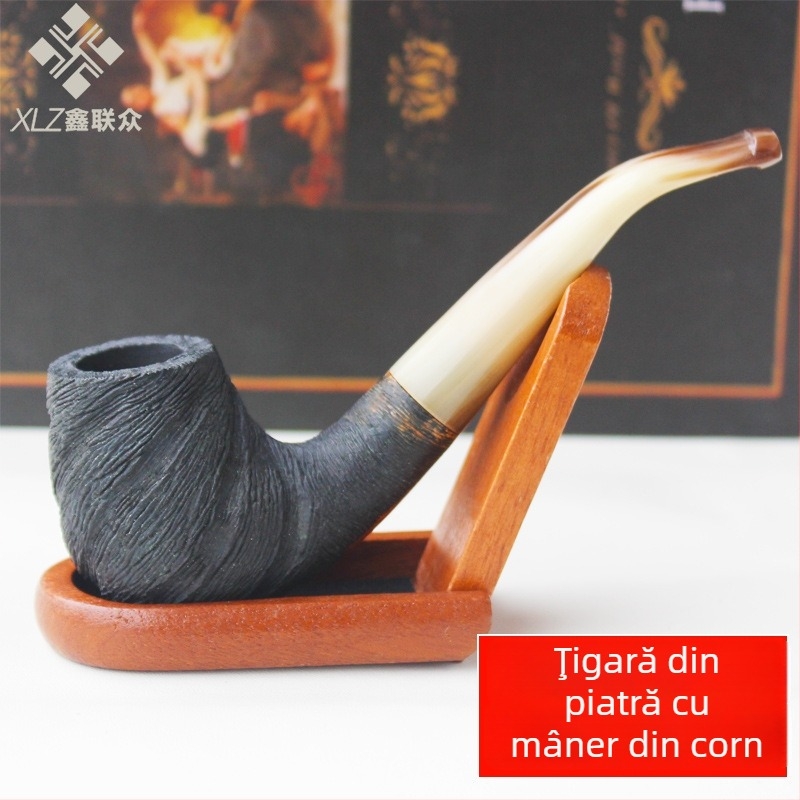 Pipă din lemn și corn, design drept; fără prelucrare; fără personalizare; neimportată