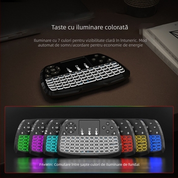Mini tastatură wireless cu mouse aer, interfață USB, rază de 10 m, 1000 dpi, baterie reîncărcabilă, iluminare de fundal