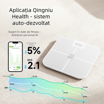 Cântar inteligent pentru masurarea grăsimii corporale cu film conductor avansat ITO; măsoară grăsimea corporală și apa, senzor tip G, Bluetooth până la 10 m, interval de măsurare 0,2–150 kg, afișaj LED, compatibil Android și iOS