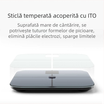 Cântar inteligent pentru masurarea grăsimii corporale cu film conductor avansat ITO; măsoară grăsimea corporală și apa, senzor tip G, Bluetooth până la 10 m, interval de măsurare 0,2–150 kg, afișaj LED, compatibil Android și iOS