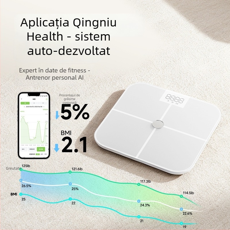 Cântar inteligent pentru masurarea grăsimii corporale cu film conductor avansat ITO; măsoară grăsimea corporală și apa, senzor tip G, Bluetooth până la 10 m, interval de măsurare 0,2–150 kg, afișaj LED, compatibil Android și iOS