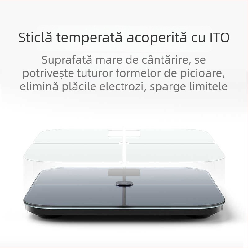 Cântar inteligent pentru masurarea grăsimii corporale cu film conductor avansat ITO; măsoară grăsimea corporală și apa, senzor tip G, Bluetooth până la 10 m, interval de măsurare 0,2–150 kg, afișaj LED, compatibil Android și iOS